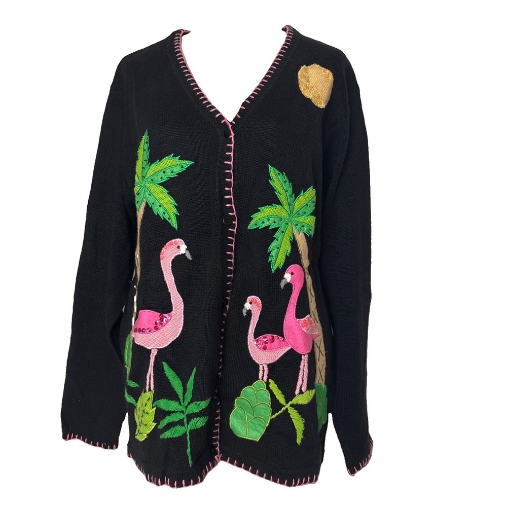 Quacker Factory Black Cardigan Sweater with Flamingos and Palm Trees Size Large
